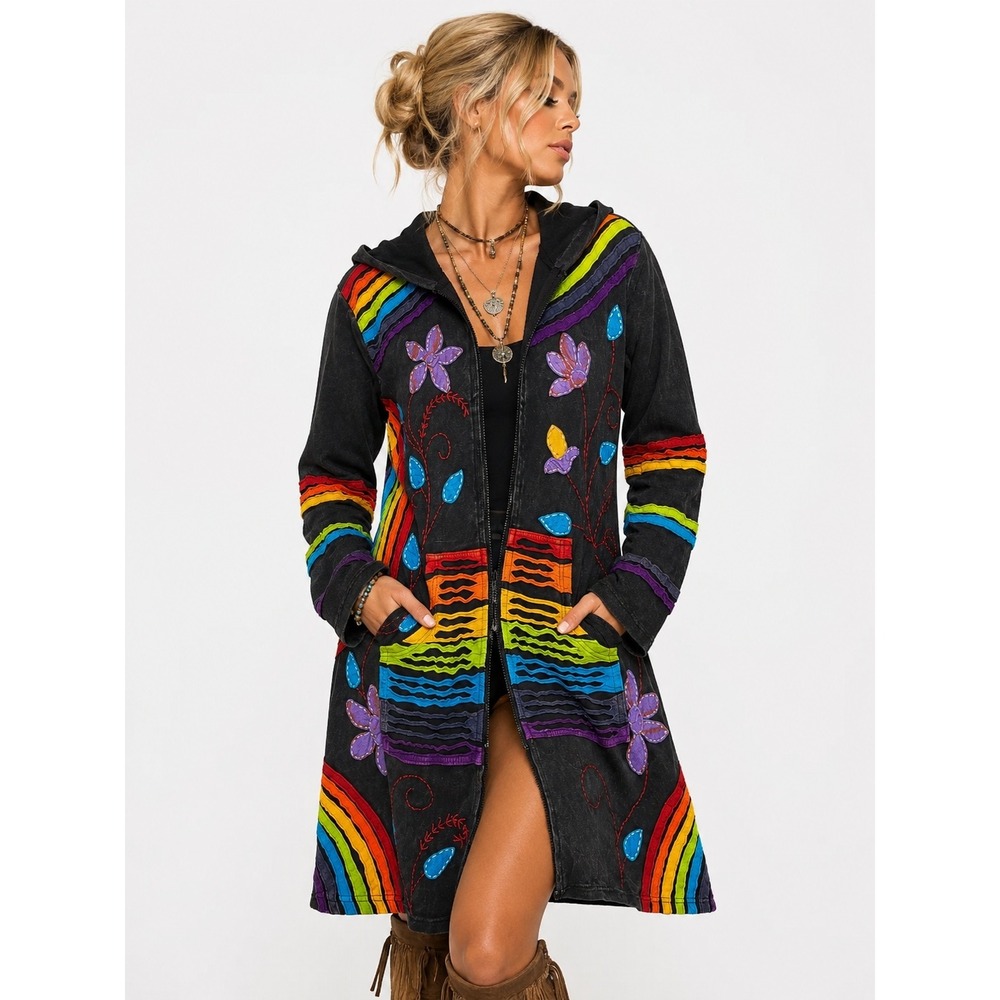 Rising International 100% Cotton Patchwork Boho Hooded Zip Tunic Jacket Coat S